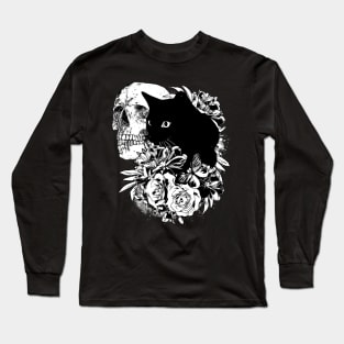 Skull and Black cat with peony, skeleton with flowers, black and white drawing Long Sleeve T-Shirt